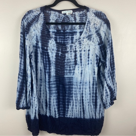 CLAUDIA Richard Tie Dye Boho Floral Lace Blouse XL Blue - Picture 2 of 11